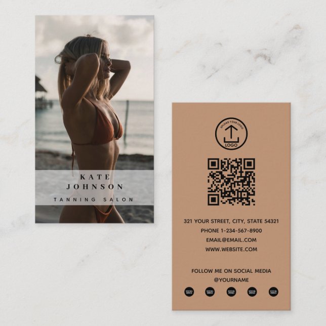 Carte De Visite Tanning Salon Spray Tan Beauté Photo QR Code Logo (Devant / Derrière)