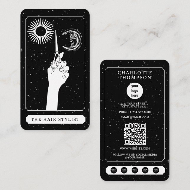 Carte De Visite Tarot céleste Logo Coiffeur noir blanc mignonne (Devant / Derrière)