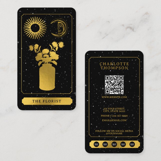 Carte De Visite Tarot céleste soleil lune fleuriste or floral (Devant / Derrière)