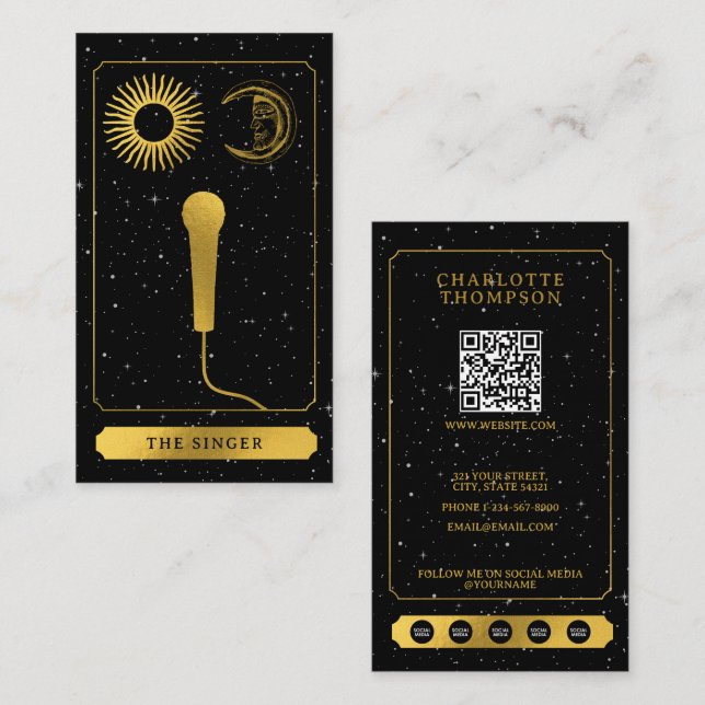 Carte De Visite Tarot céleste soleil lune Signer Microphone or (Devant / Derrière)