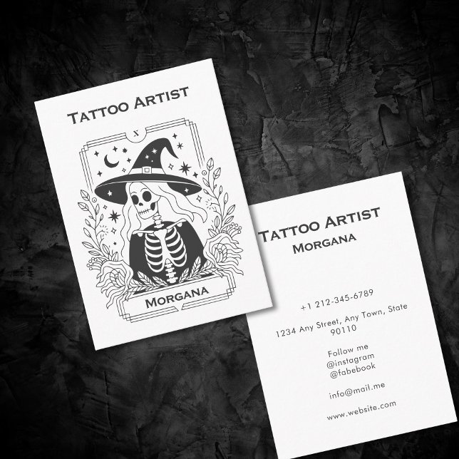 Carte De Visite Tarot gothique Squelette mystique floral céleste (Gothic Tarot Skeleton Mystical Celestial Floral Business Card)