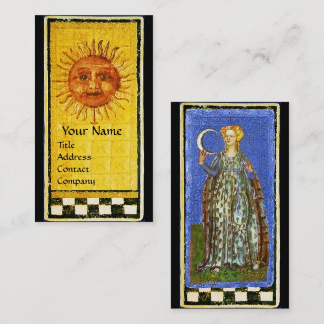CARTE DE VISITE TAROTS DE RENAISSANCE ANTIQUE / LE SOLEIL ET LA LU (Devant / Derrière)
