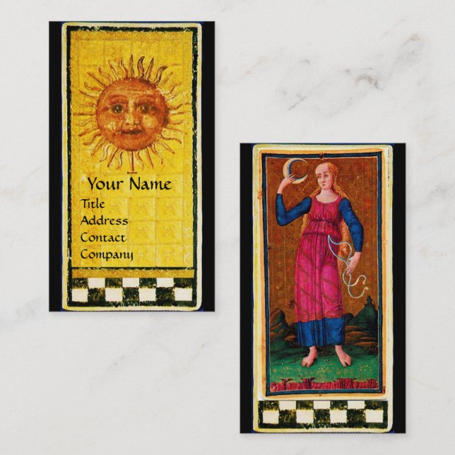 CARTE DE VISITE TAROTS DE RENAISSANCE ANTIQUE / LE SOLEIL ET LA LU (Devant / Derrière)