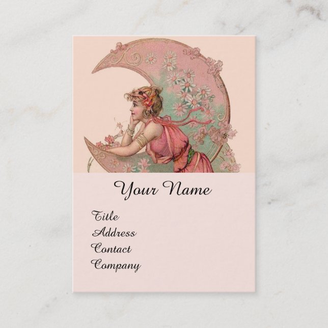 CARTE DE VISITE TAROTS / LADY DE LA LUNE AVEC FLEURS EN ROSE (Devant)