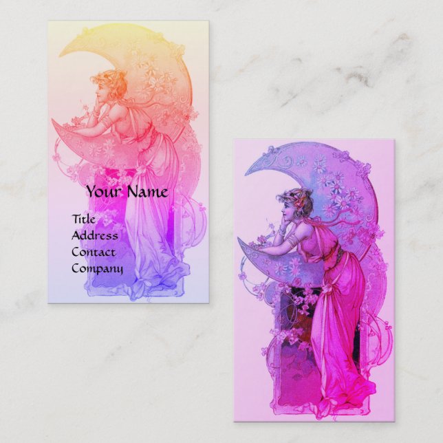 CARTE DE VISITE TAROTS / LADY DE LA LUNE AVEC FLEURS ROSE PURPLE (Devant / Derrière)