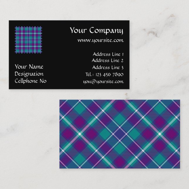 Carte De Visite Tartan vert de mer, violet et bleu (Devant / Derrière)
