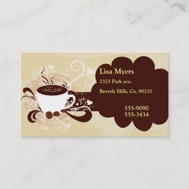 Carte De Visite Tasse de coeurs et de remous de café (Devant)