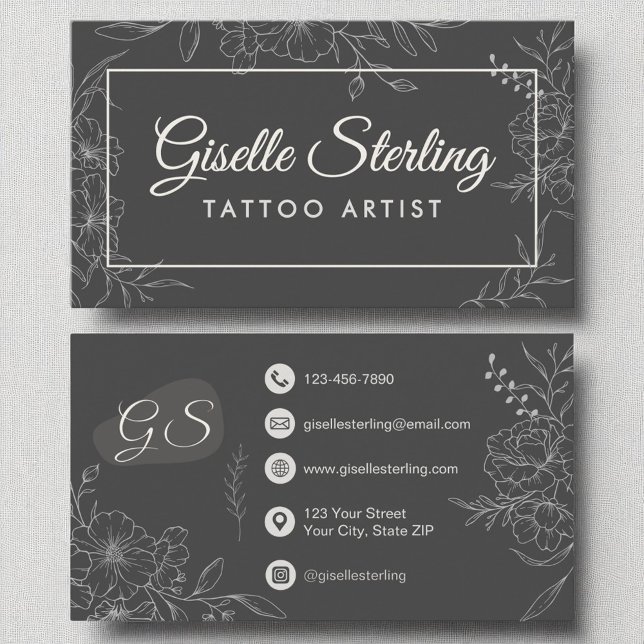 Carte De Visite Tatouage Artiste Moody Charcoal Grey Floral Modern (Créateur téléchargé)