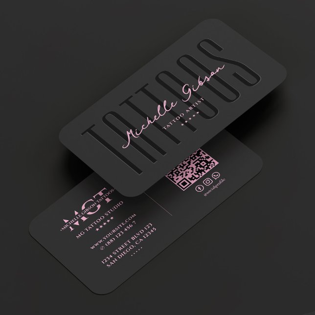 Carte De Visite Tatouage Artiste noir rose tatouage Monogramme (Tattoo Artist Black Pink Tattooist Monogram Business Card
)