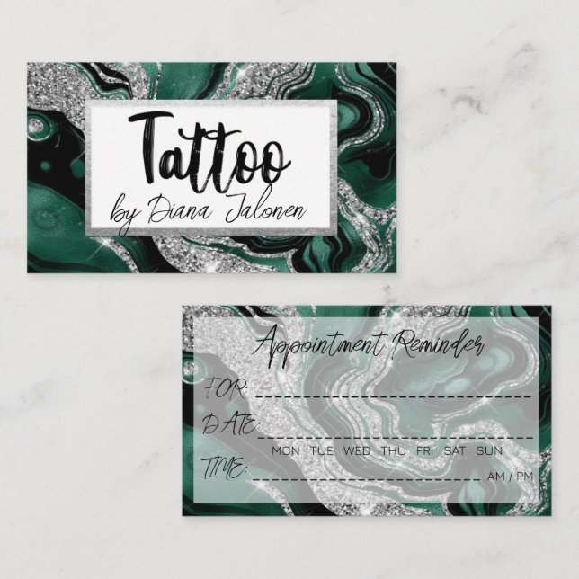 Carte De Visite Tatouage Artiste Rendez-Vous Rappel Vert Argent (Devant / Derrière)