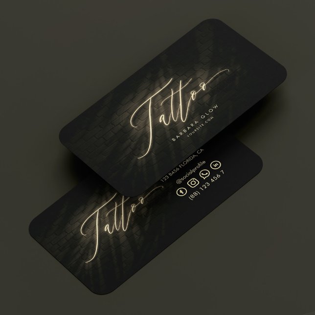 Carte De Visite Tatouage Artiste tatouage Neon Gold Élégant Script (Tattoo Artist Tattooist Neon Gold Elegant Script Business Card
)