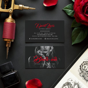 Carte De Visite Tatouage artistes photo noir rouge script typograp