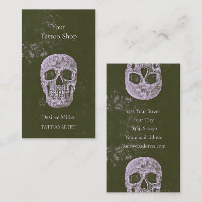Carte De Visite Tatouage crâne Artiste Olive Green Gothic Grunge (Devant / Derrière)