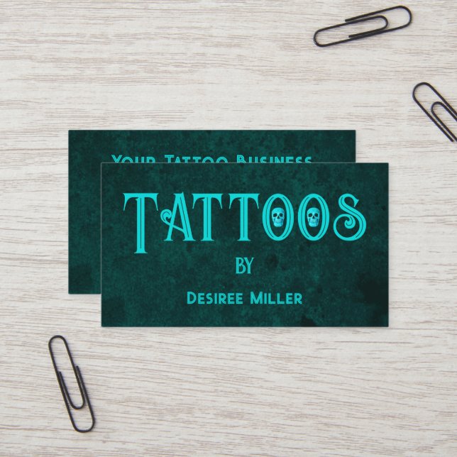 Carte De Visite Tattoo Artiste crâne Turquoise (Devant/Arrière en situation)