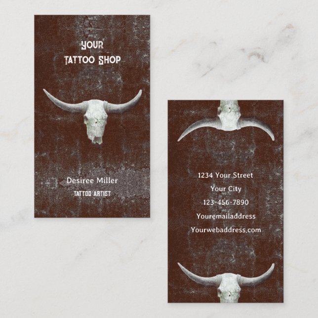 Carte De Visite Tattoo Shule Taureau Rodéo Brown Blanc Occident (Devant / Derrière)