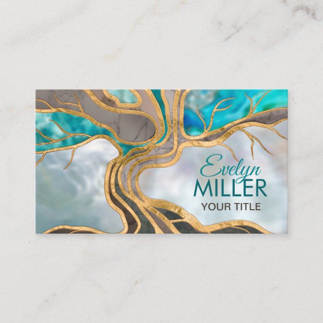 Carte De Visite Taupe et marbre turquoise Arbre de vie (Devant)