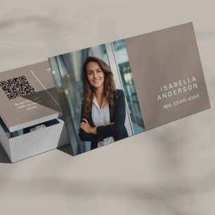 Carte De Visite Taupe Modern Real State Professional Photo Code QR