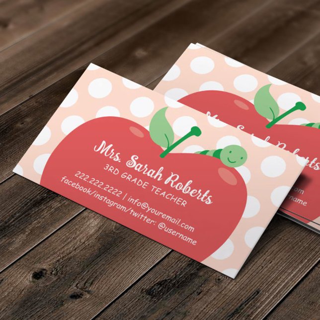 Carte De Visite Teacher Tutor Cute Apple & Worm Pastel Pink (Créateur téléchargé)