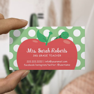 Carte De Visite Teacher Tutor Cute Apple & Worm Pois Vert