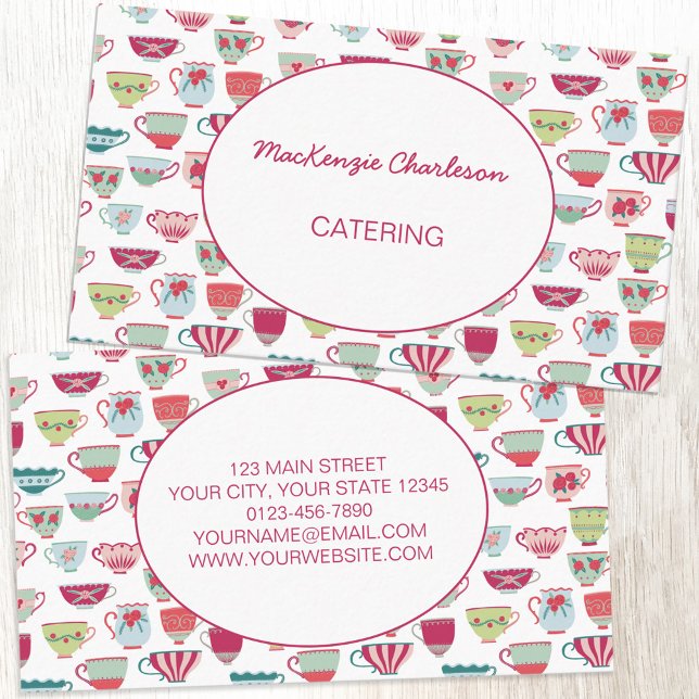 Carte De Visite Teacups Restauration moderne (Retro tea cup pattern catering cafe bakery custom business card)