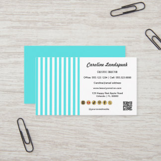 Carte De Visite Teal White Stripes & QR Code & Social Media Icons