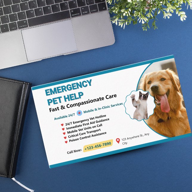 Carte De Visite Teal & Yellow Pet Emergency Veterinary - Emergency (Modern Veterinary Business Cards for Pet & Animal Care)
