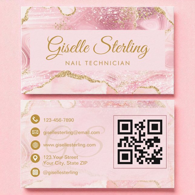 Carte De Visite Technicien à ongles Blush Pink Gold Agate QR Code (Créateur téléchargé)