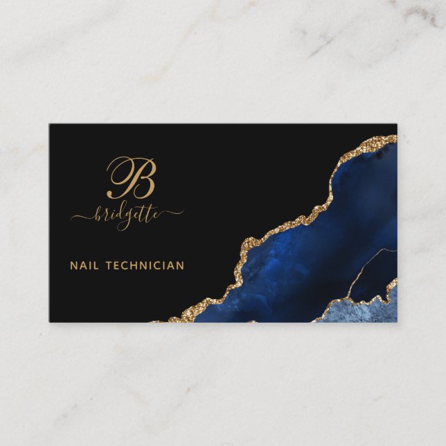 Carte De Visite Technicien à ongles de Géode d'Or Bleu (Devant)