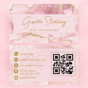 Carte De Visite Technicien de Cils Luxe Code QR Agate Rose Gold