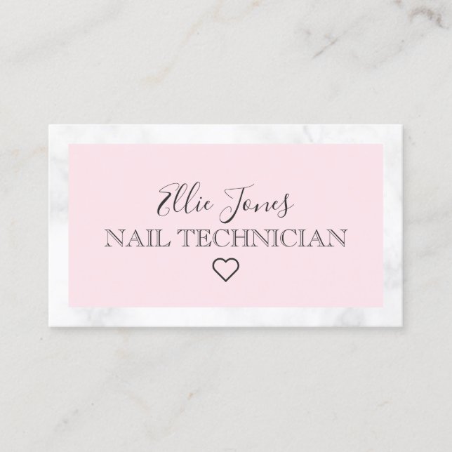 Carte De Visite Technicien moderne en marbre blanc et ongles roses (Devant)