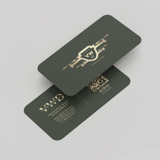 Carte De Visite Technologie de drone or moderne Monogramme Vert fo (Modern Gold Drone Operator Monogram Dark Green Business Card
)