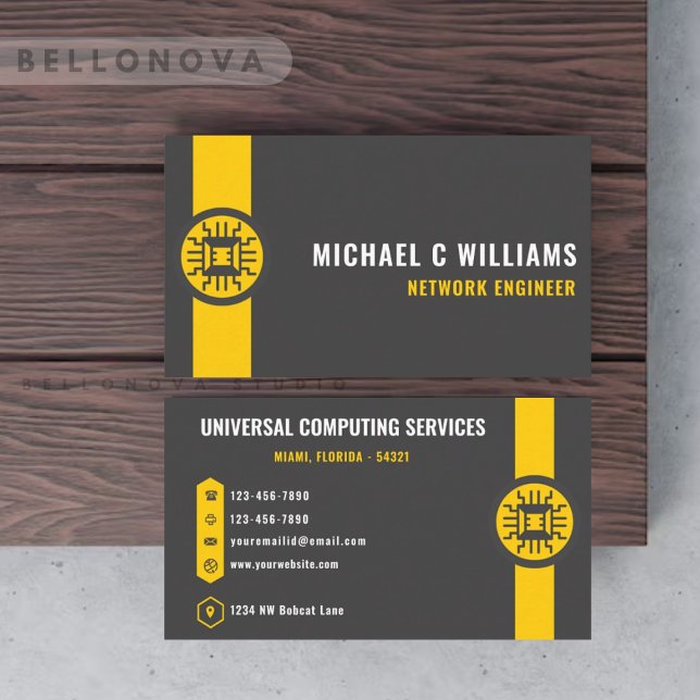 Carte De Visite Technologie personnalisée gris foncé noir jaune (Custom Dark Grey Black Yellow Technology Business Card)
