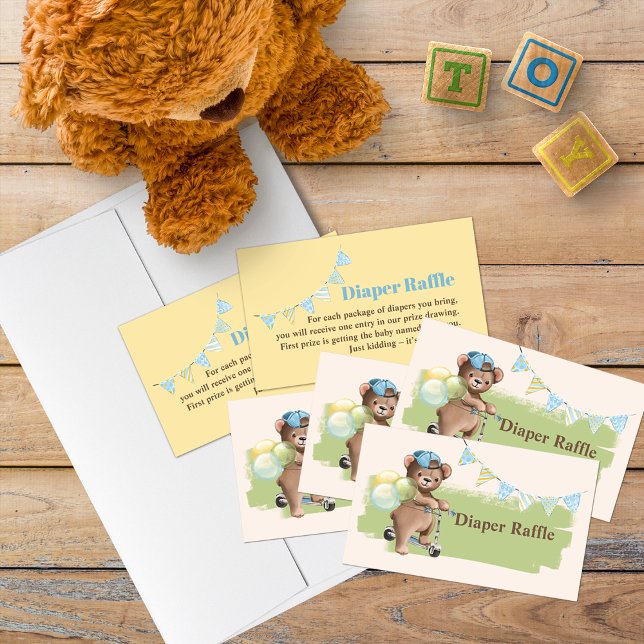 Carte De Visite Teddy Bear sur Scooter Baby shower Déchets Raffin (Teddy Bear themed diaper raffle cards for a baby shower.)