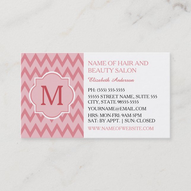 Carte De Visite Tendance rose Chevron Zigzag Monogramme Salon de b (Devant)