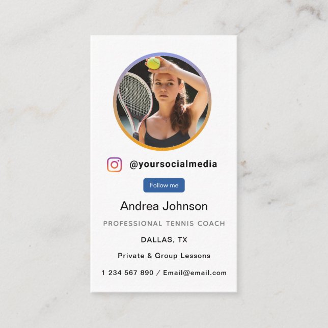 Carte De Visite Tennis Coach Photo Profil des médias sociaux Suivr (Devant)
