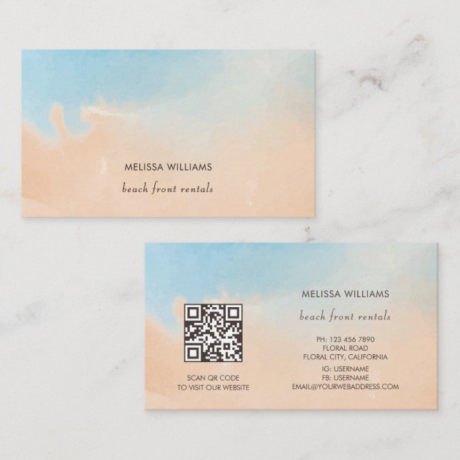 Carte De Visite Terracotta Blue Watercolor Ocean  (Devant / Derrière)