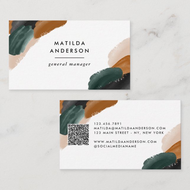 Carte De Visite Terracotta, vert noir abstrait moderne QR CODE (Devant / Derrière)