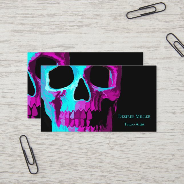 Carte De Visite Tête de crâne Neon gothique Violet Turquoise Noir  (Devant/Arrière en situation)