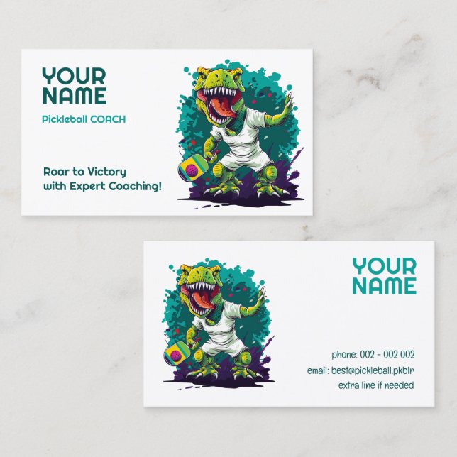 Carte De Visite Texte personnalisé avec t-rex Pickleball (Devant / Derrière)
