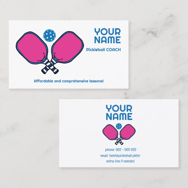 Carte De Visite Texte personnalisé rose et bleu Pickleball (Devant / Derrière)
