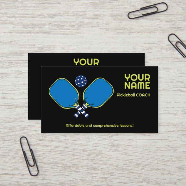 Carte De Visite Texte personnalisé vert et bleu Pickleball (Devant/Arrière en situation)