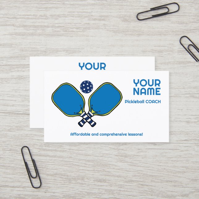 Carte De Visite Texte personnalisé vert et bleu Pickleball (Devant/Arrière en situation)