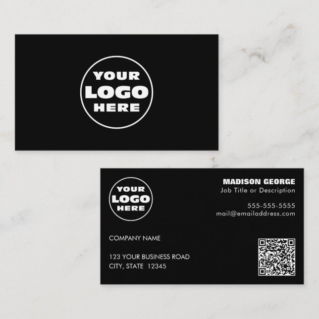 Carte De Visite Texte simple du logo et code QR noir (Devant / Derrière)