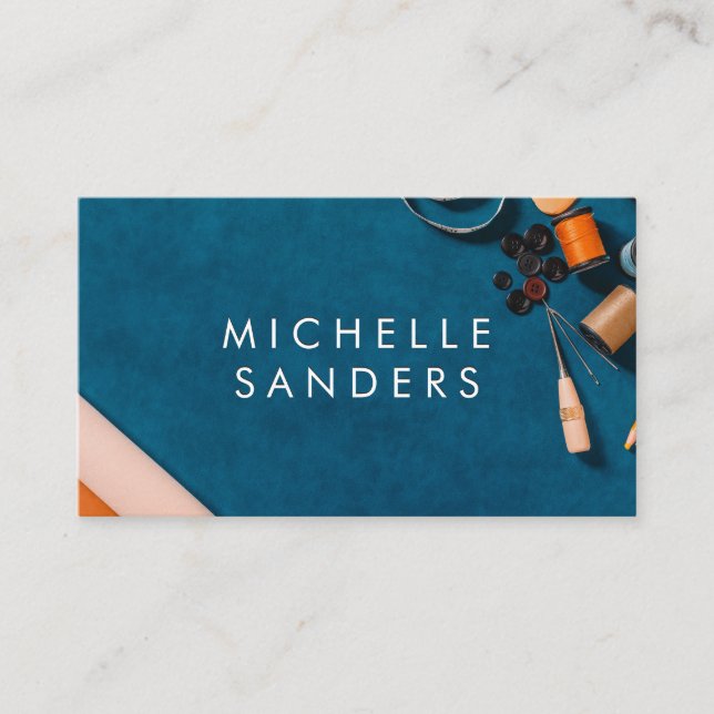 Carte De Visite Texture du bureau bleu | Outils du kit de couture (Devant)