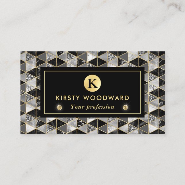 Carte De Visite Texture géométrique en argent, noir et Marbre blan (Devant)