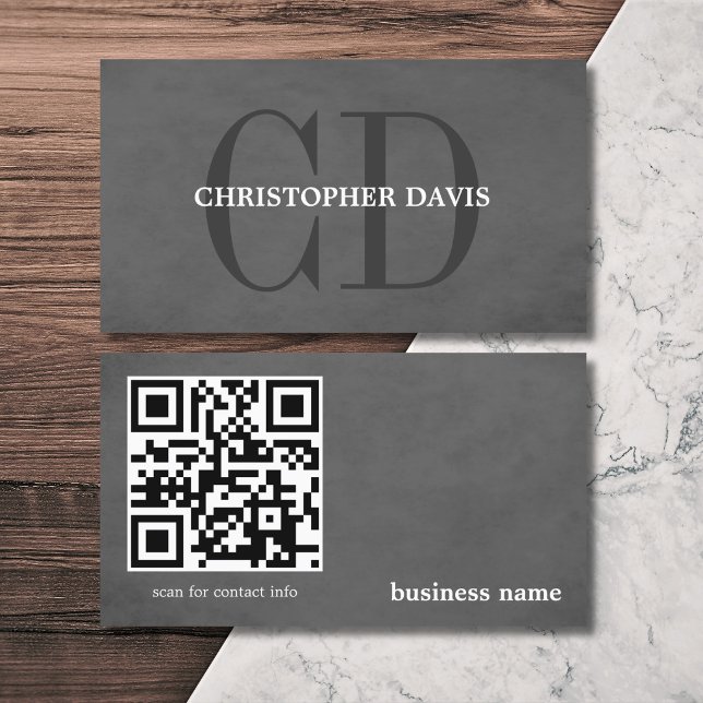 Carte De Visite Texture moderne élégante Gris Monogramme QR code (Créateur téléchargé)