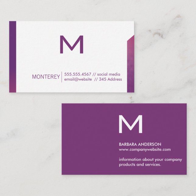 Carte De Visite Texture violette simple | Monogramme (Devant / Derrière)