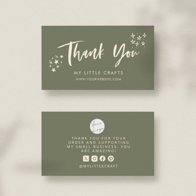 Carte De Visite Thank You Doodle Stars Sage Green Small Business  (Créateur téléchargé)
