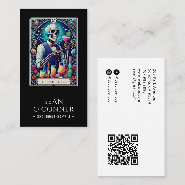 Carte De Visite The Bartender Tarot Skeleton QR Code Black (Devant / Derrière)