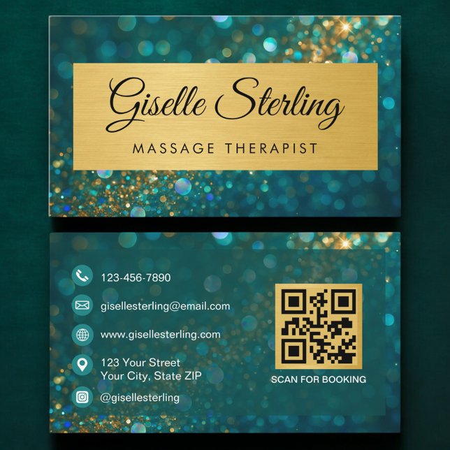 Carte De Visite Thérapeute de massage Code QR Paillettes sarcelle  (Créateur téléchargé)